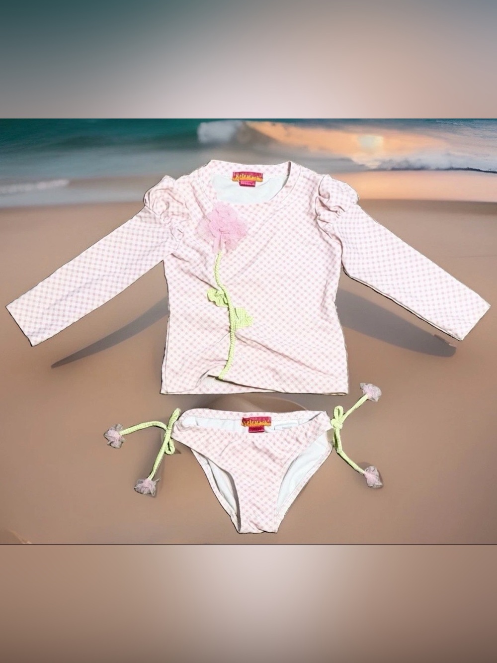 Kate Mack - Girl’s Pink Gingham Flower Rash Guard 2-Piece Swimsuit, Size - 2T